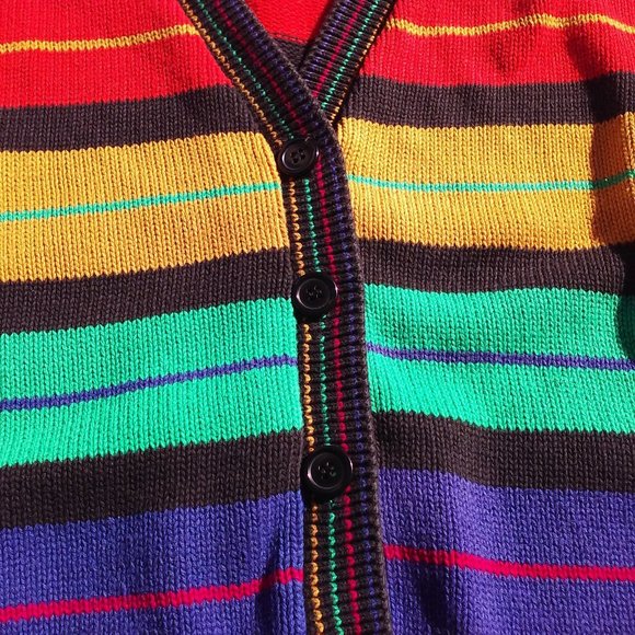 Vintage 80s V-neck Cardigan Ladies -S Pom Pom Fringe Bold Rainbow Striped Cotton - Picture 5 of 12
